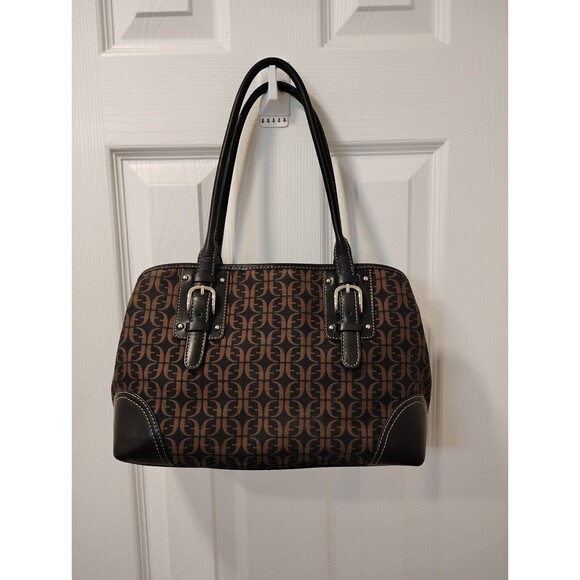 FOSSIL Signature Jacquard‎ Black Brown Leather Trim Satchel Purse - Picture 2 of 6
